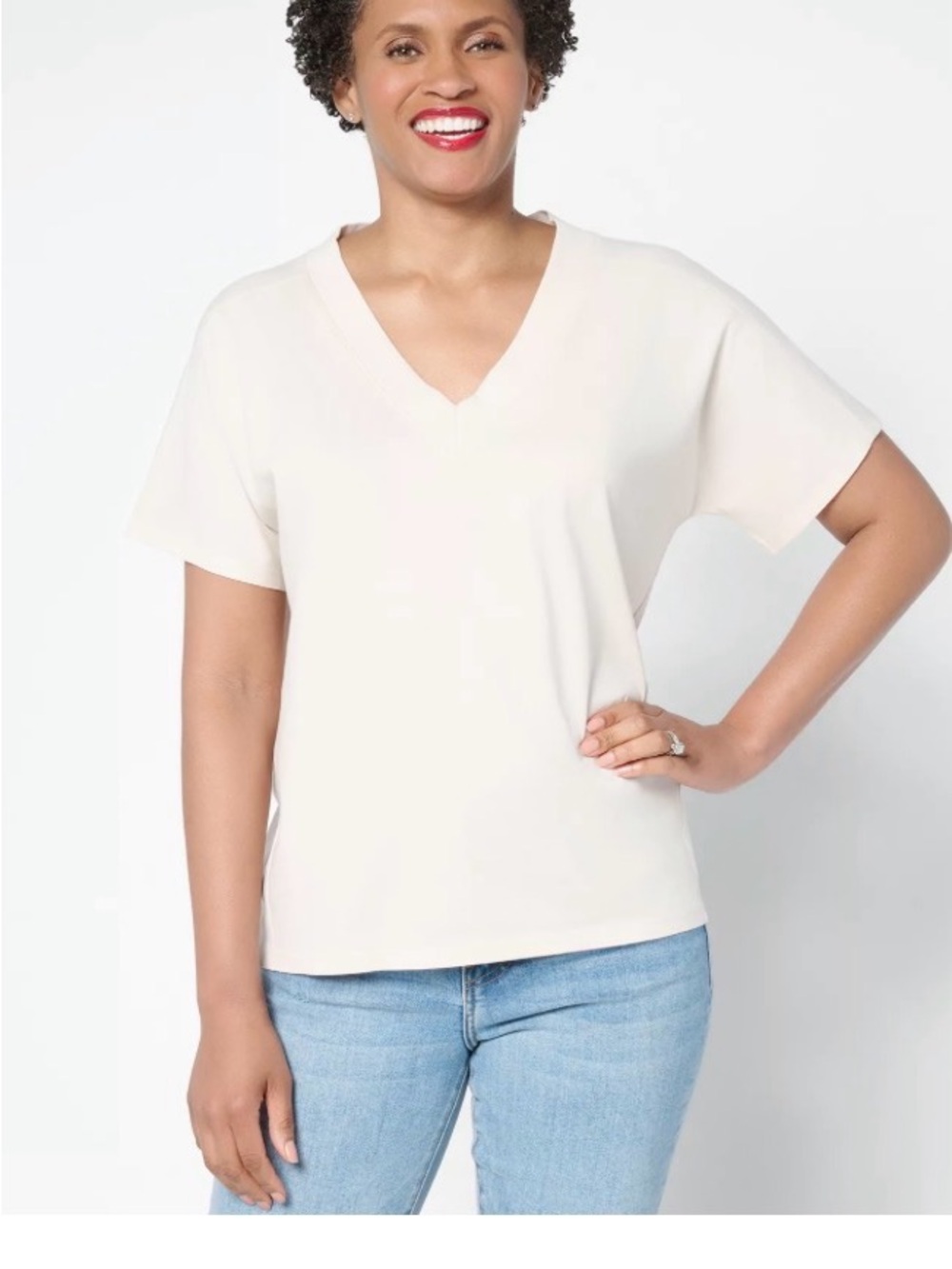 Peace Love World Women's V-Neck Short Sleeve Top in Cream A692782